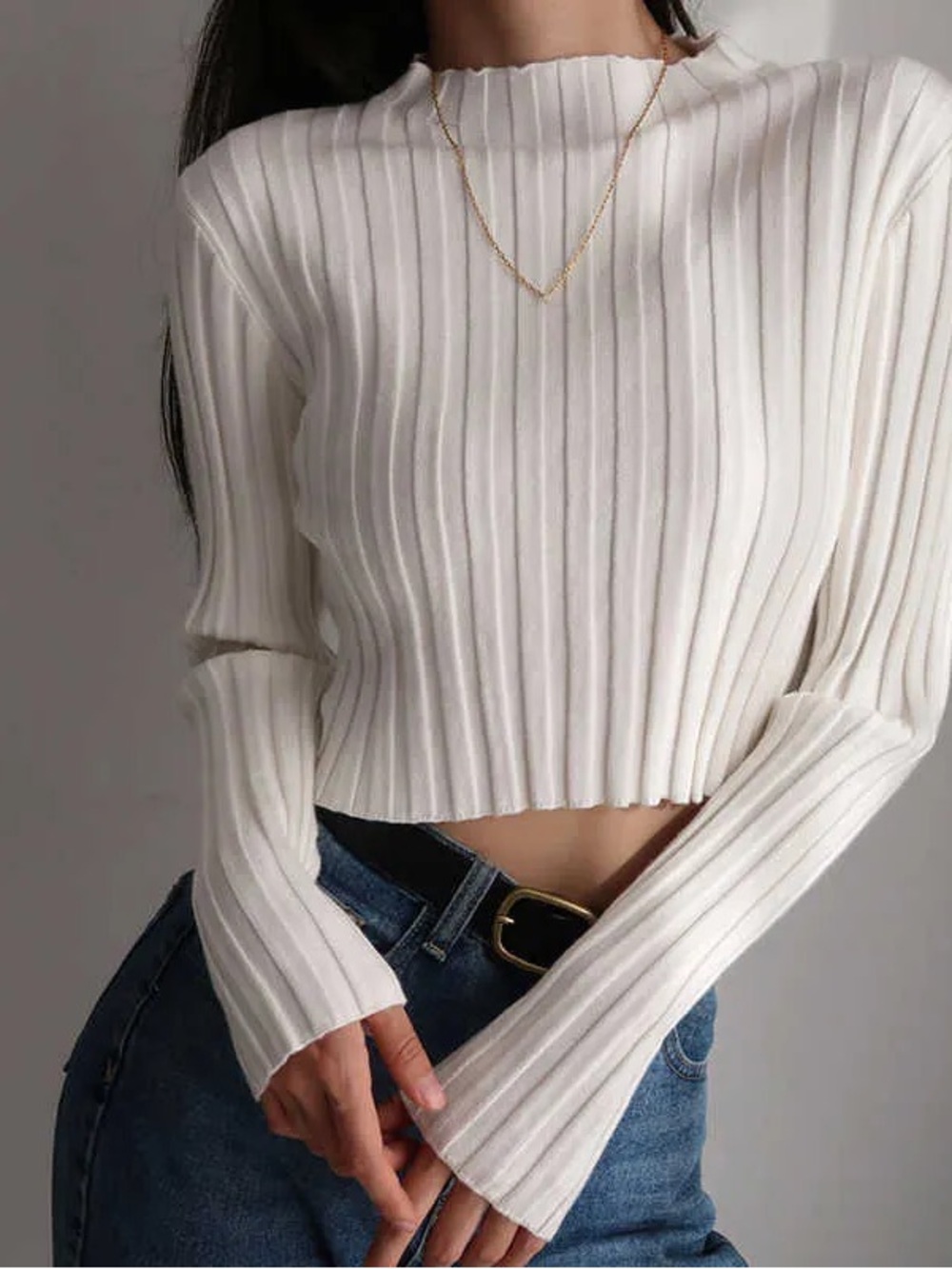House of Harlow Ribbed Cropped Long-Sleeve Sweater - White